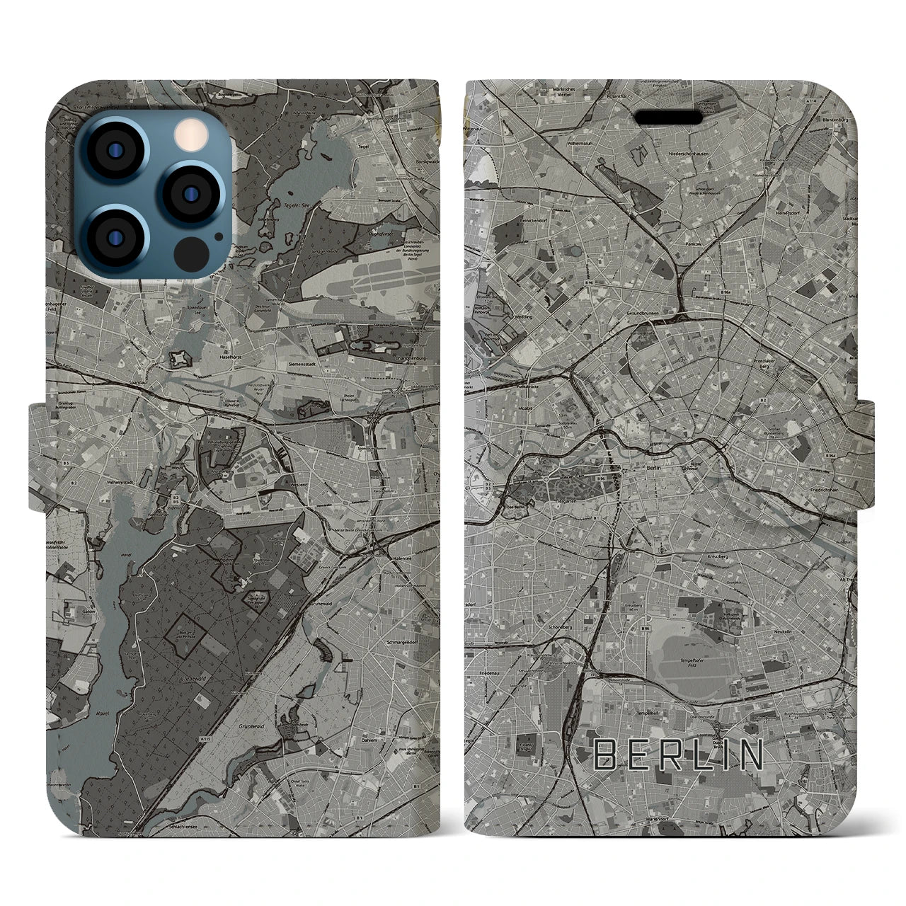 【ベルリン(ドイツ)】地図柄iPhoneケース(手帳タイプ)モノトーン・iPhone 12 / 12 Pro 用