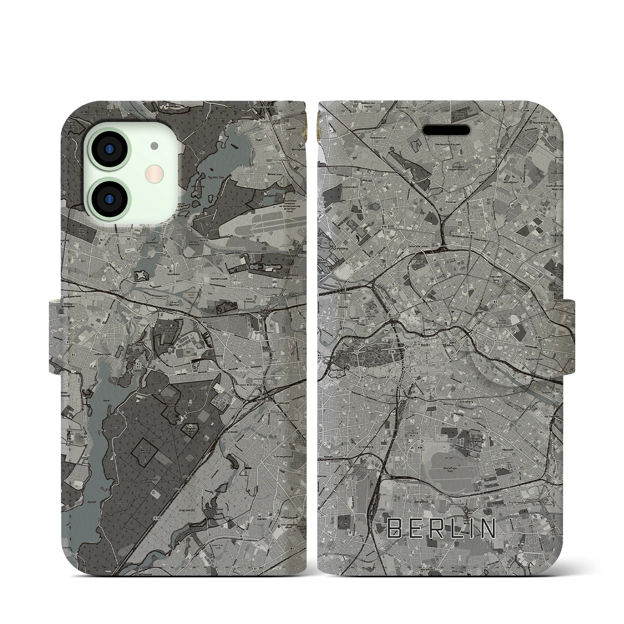 【ベルリン(ドイツ)】地図柄iPhoneケース(手帳タイプ)モノトーン・iPhone 12 mini 用