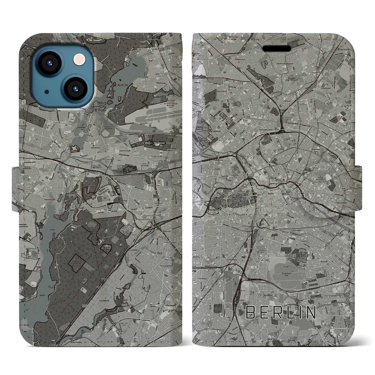 【ベルリン(ドイツ)】地図柄iPhoneケース(手帳タイプ)モノトーン・iPhone 13 用