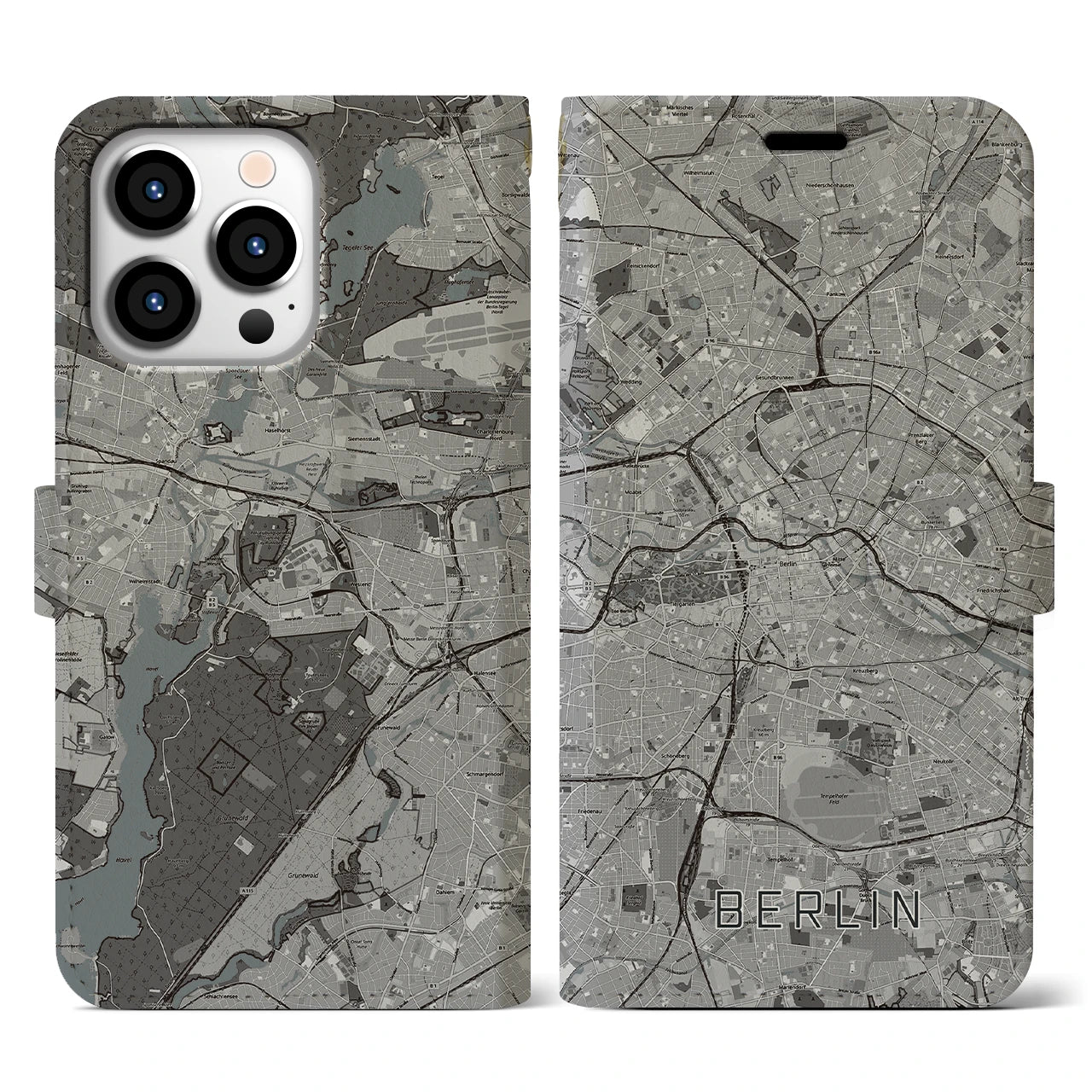 【ベルリン(ドイツ)】地図柄iPhoneケース(手帳タイプ)モノトーン・iPhone 13 Pro 用