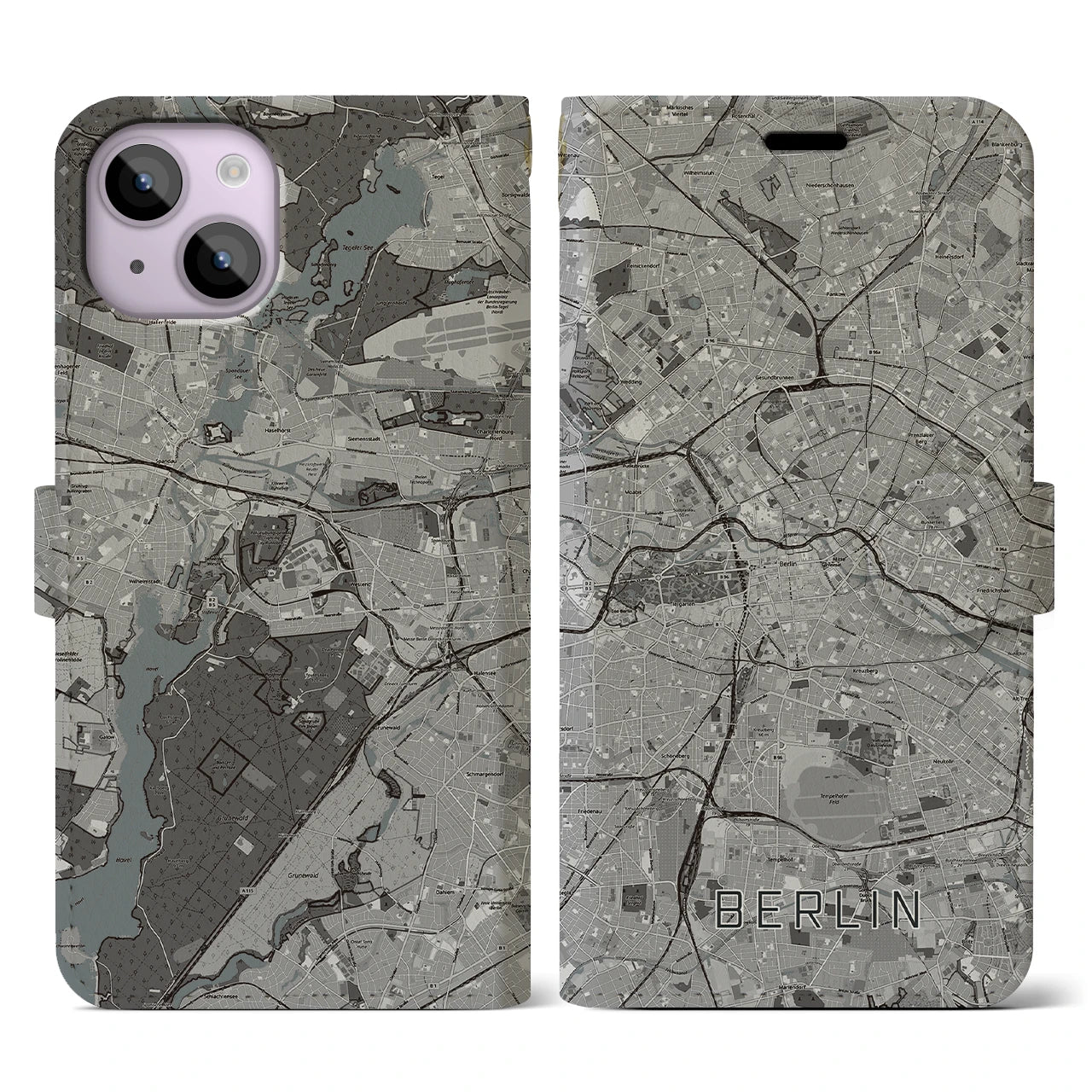 【ベルリン(ドイツ)】地図柄iPhoneケース(手帳タイプ)モノトーン・iPhone 14 用