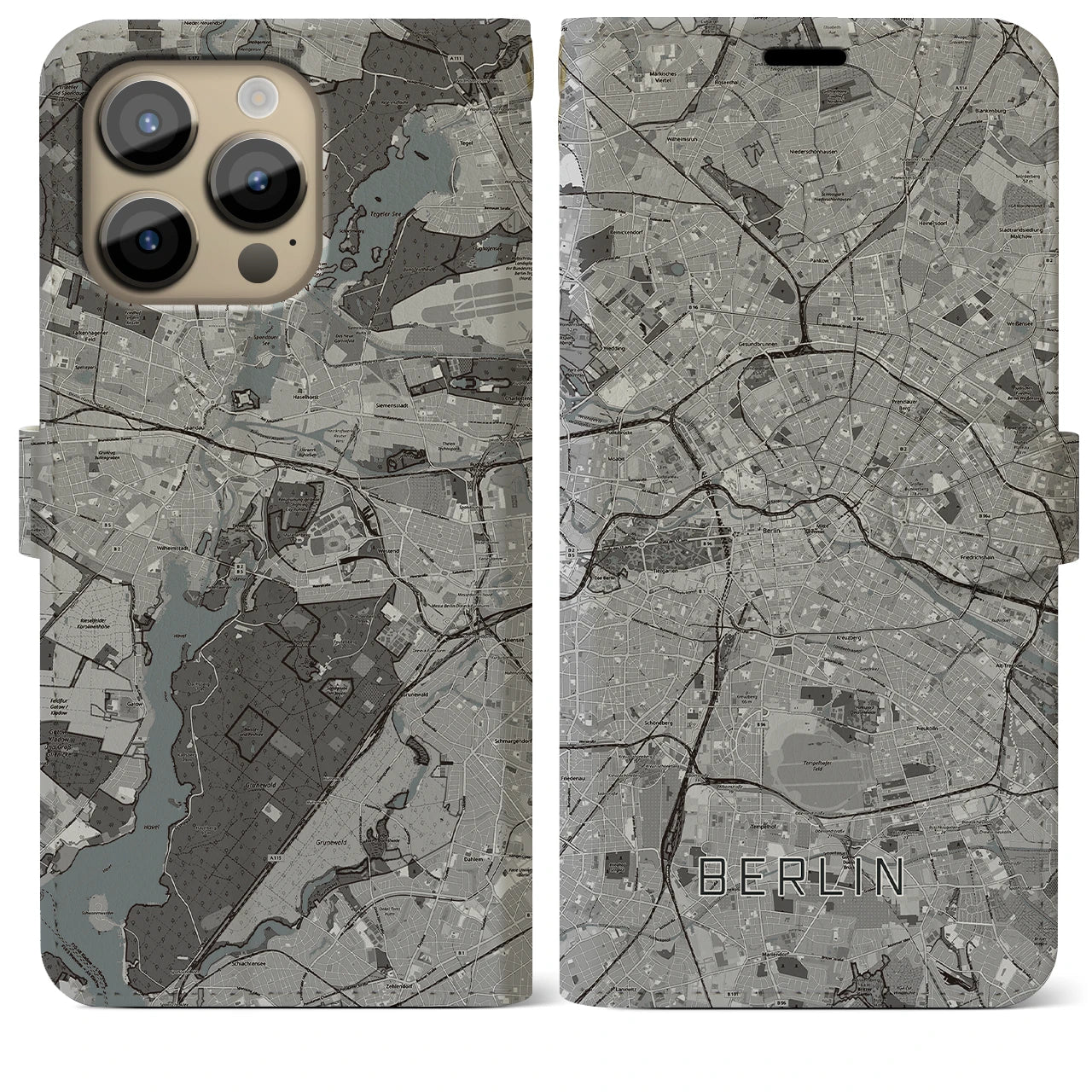【ベルリン(ドイツ)】地図柄iPhoneケース(手帳タイプ)モノトーン・iPhone 14 Pro Max 用