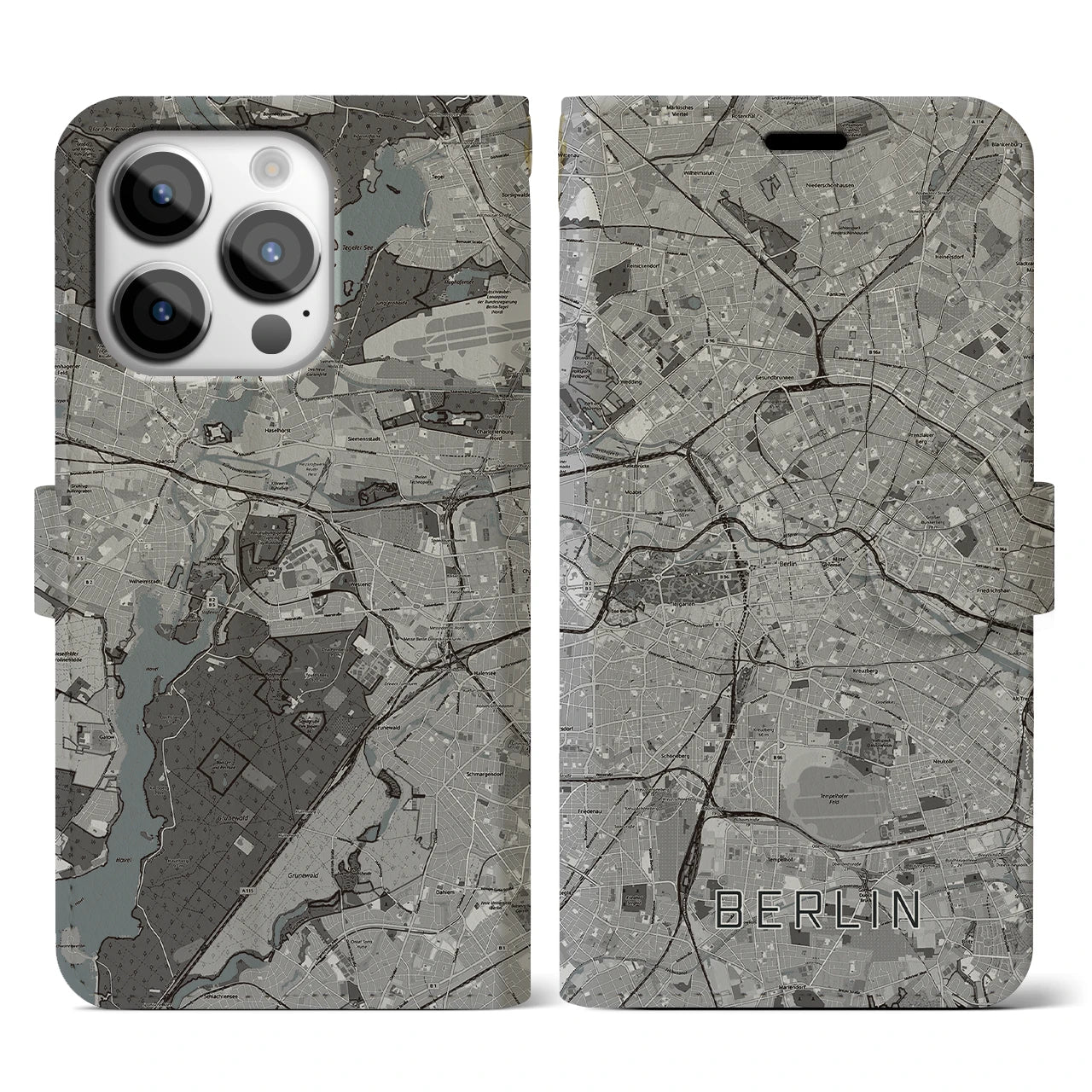 【ベルリン(ドイツ)】地図柄iPhoneケース(手帳タイプ)モノトーン・iPhone 14 Pro 用