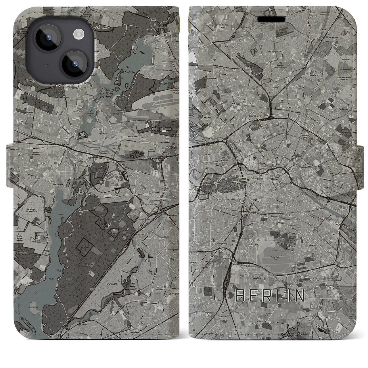 【ベルリン(ドイツ)】地図柄iPhoneケース(手帳タイプ)モノトーン・iPhone 14 Plus 用