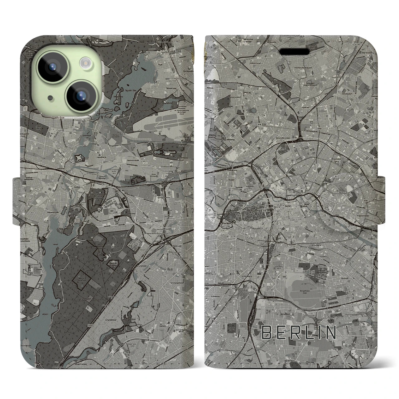 【ベルリン(ドイツ)】地図柄iPhoneケース(手帳タイプ)モノトーン・iPhone 15 用