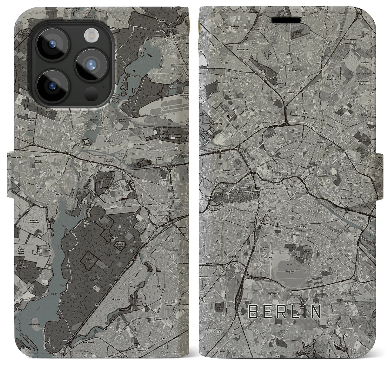 【ベルリン(ドイツ)】地図柄iPhoneケース(手帳タイプ)モノトーン・iPhone 15 Pro Max 用