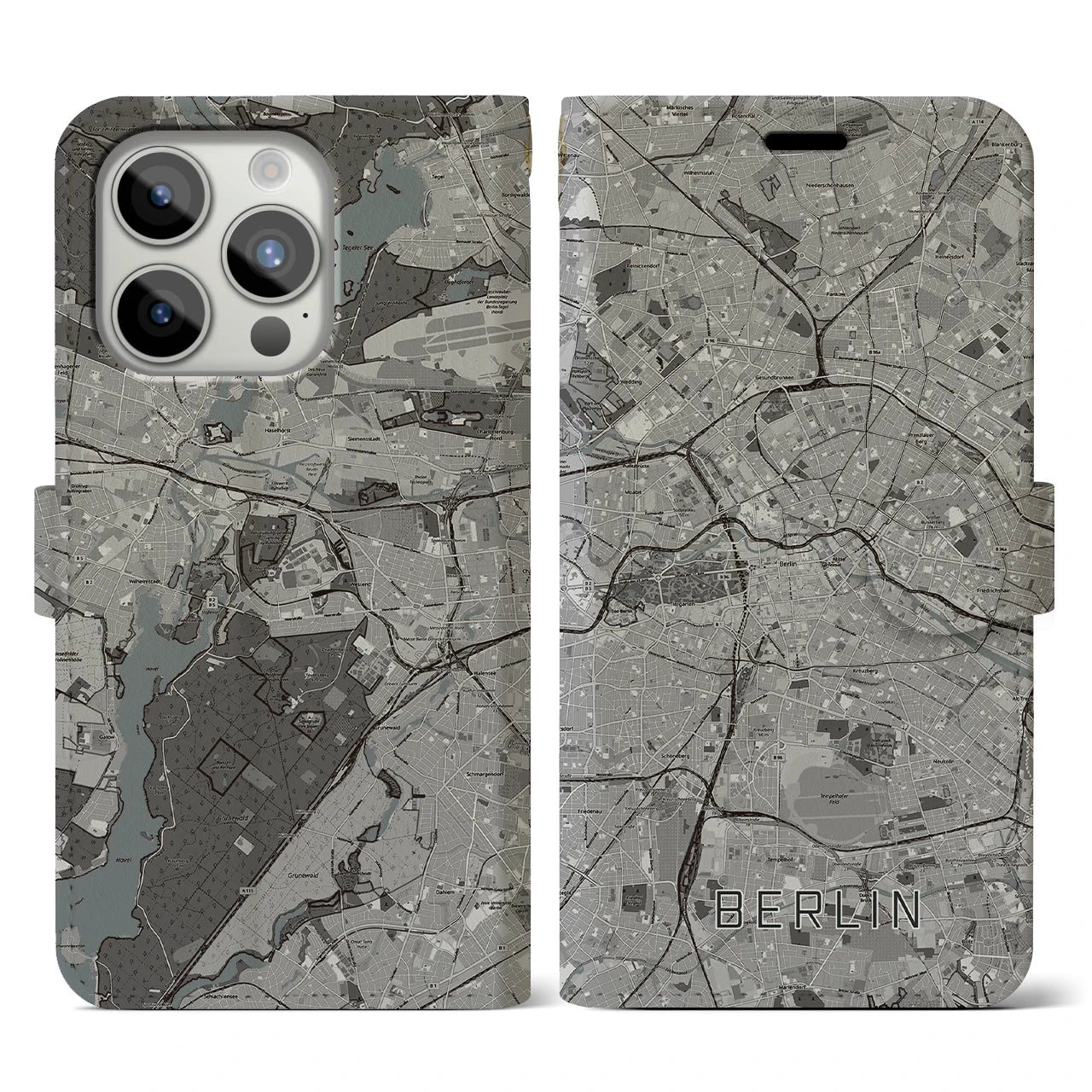 【ベルリン(ドイツ)】地図柄iPhoneケース(手帳タイプ)モノトーン・iPhone 15 Pro 用