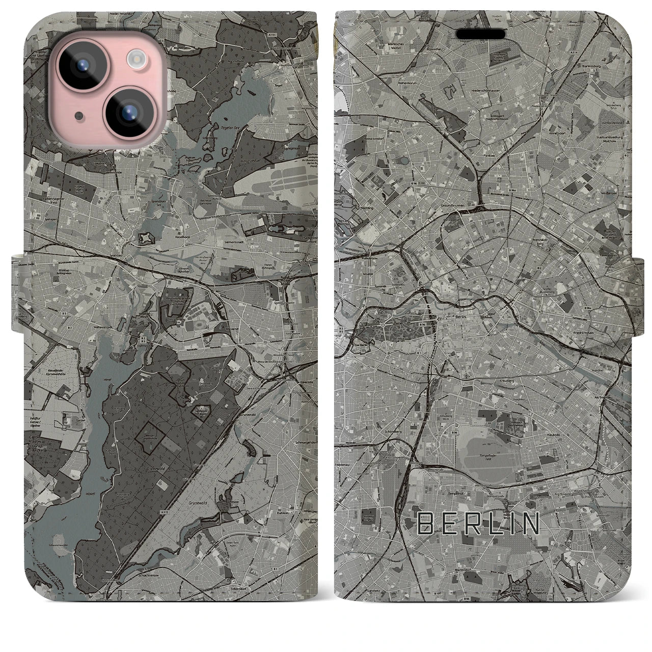 【ベルリン(ドイツ)】地図柄iPhoneケース(手帳タイプ)モノトーン・iPhone 15 Plus 用
