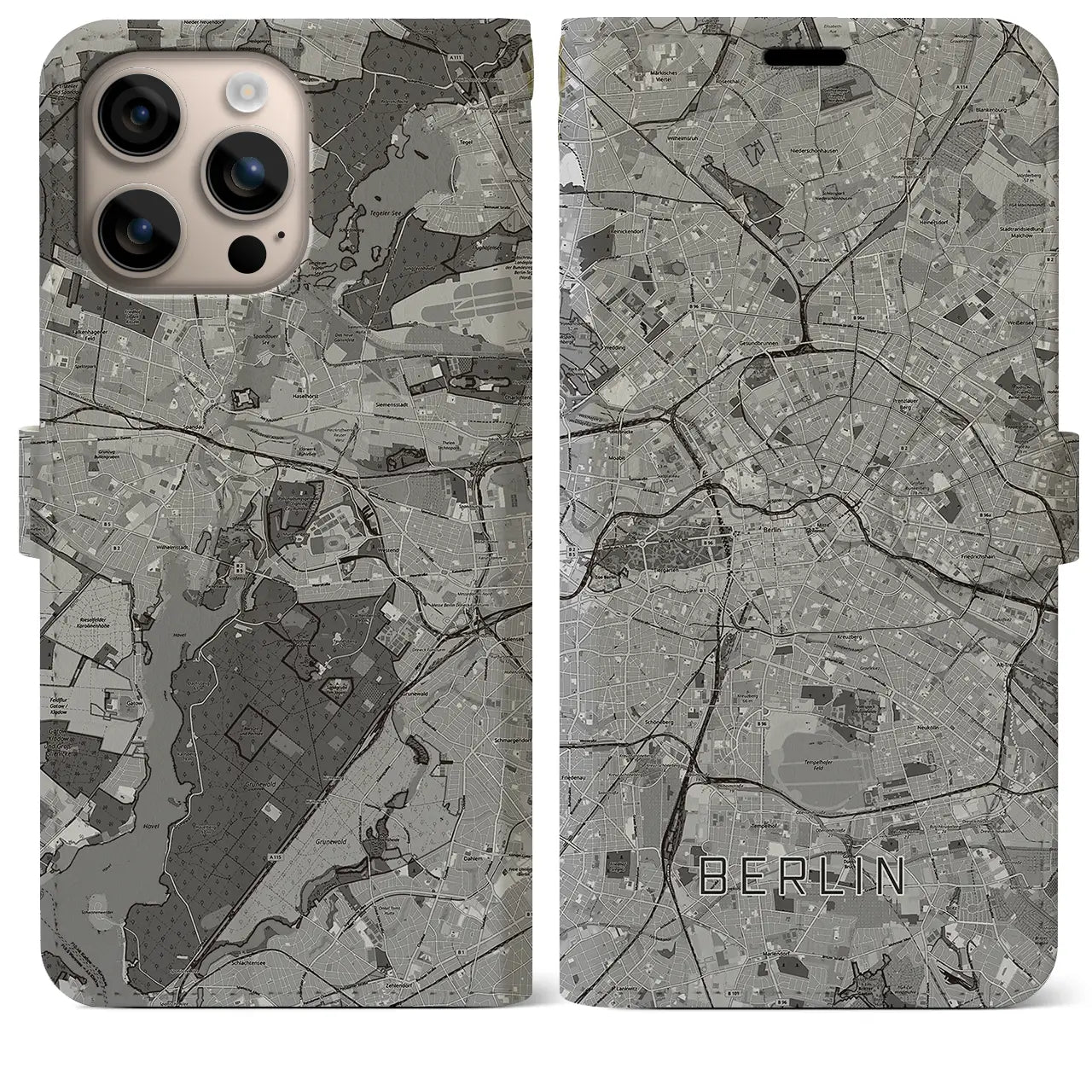 【ベルリン(ドイツ)】地図柄iPhoneケース(手帳タイプ)モノトーン・iPhone 16 Plus 用