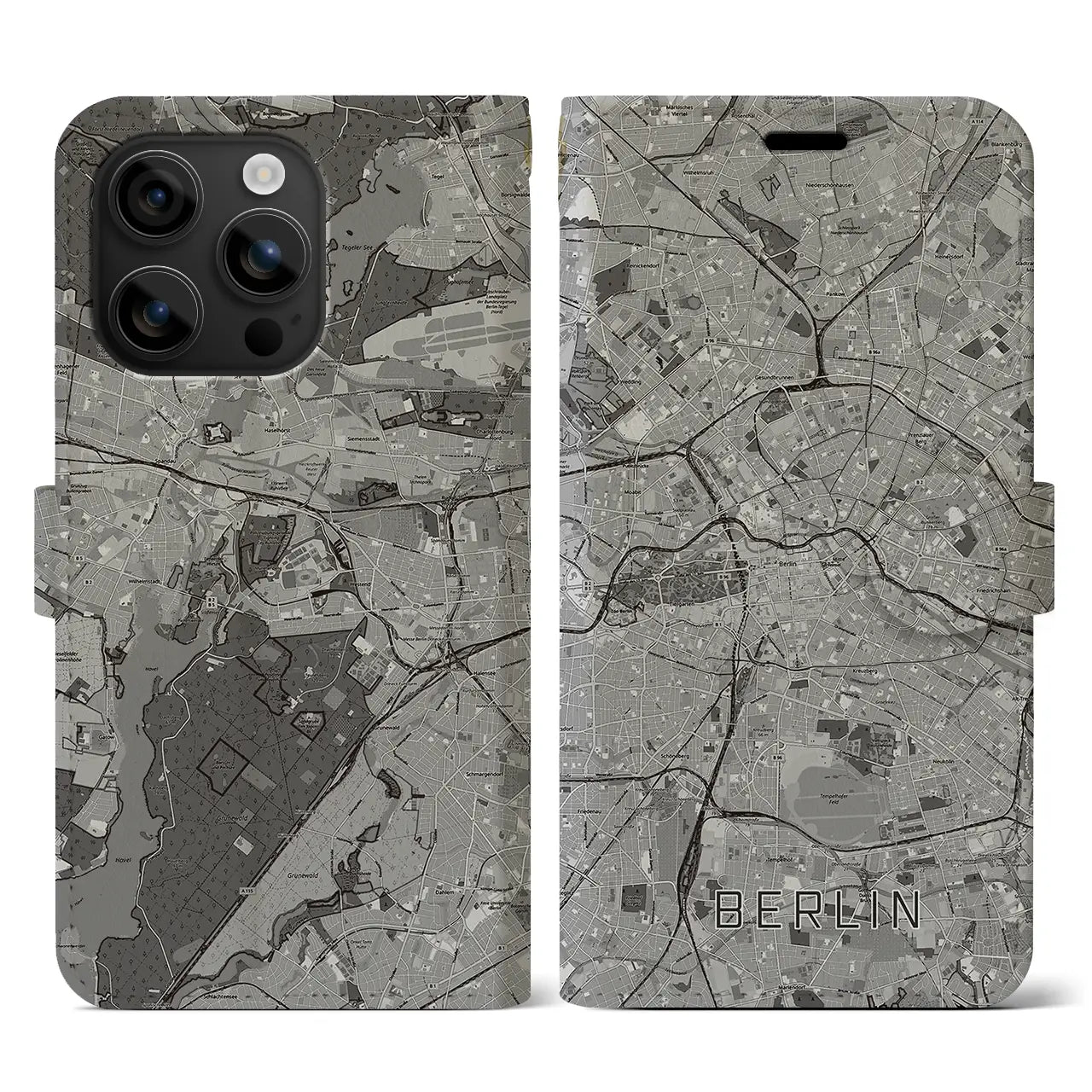 【ベルリン(ドイツ)】地図柄iPhoneケース(手帳タイプ)モノトーン・iPhone 16 用