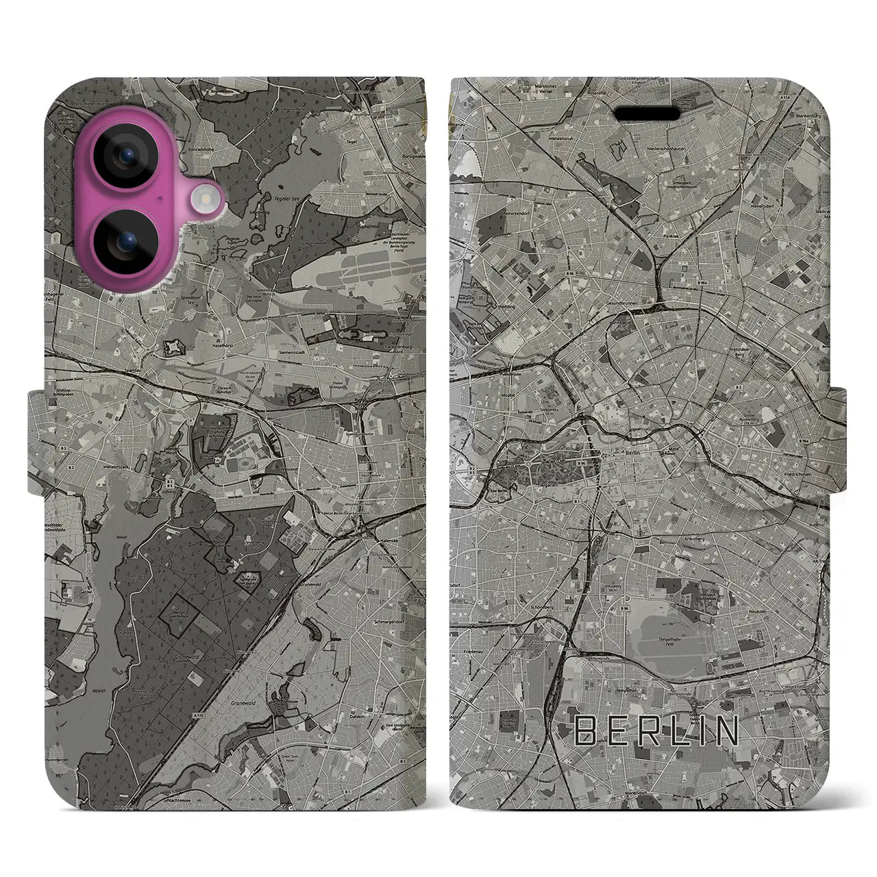 【ベルリン(ドイツ)】地図柄iPhoneケース(手帳タイプ)モノトーン・iPhone 16 Pro 用