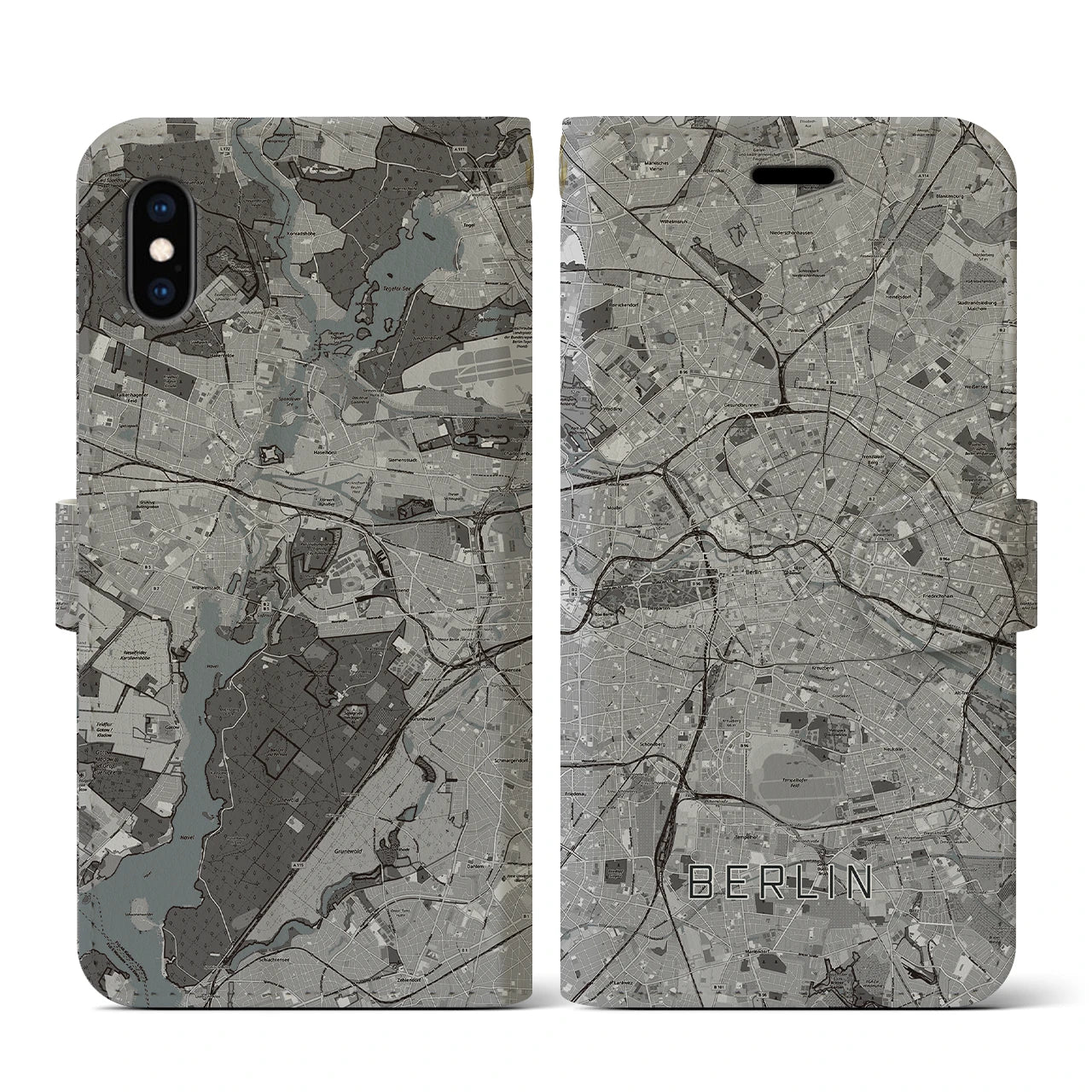 【ベルリン(ドイツ)】地図柄iPhoneケース(手帳タイプ)モノトーン・iPhone XS / X 用