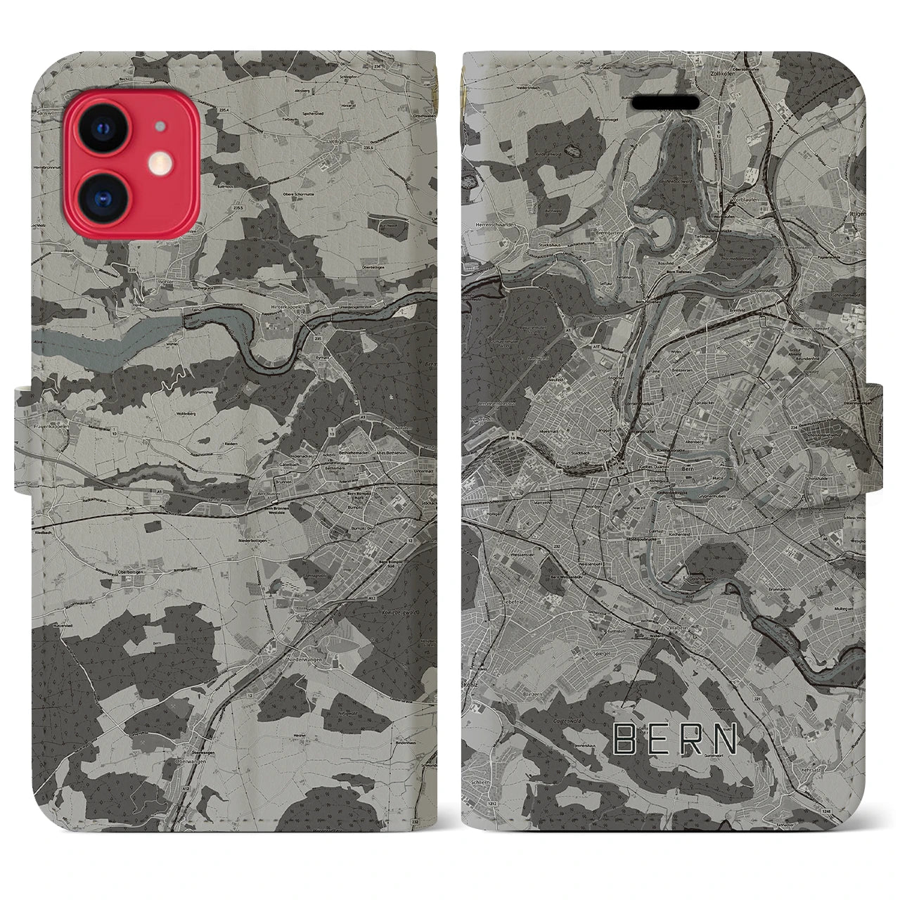 【ベルン(スイス)】地図柄iPhoneケース(手帳タイプ)モノトーン・iPhone 11 用