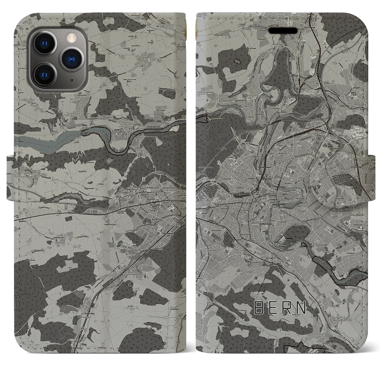 【ベルン(スイス)】地図柄iPhoneケース(手帳タイプ)モノトーン・iPhone 11 Pro Max 用
