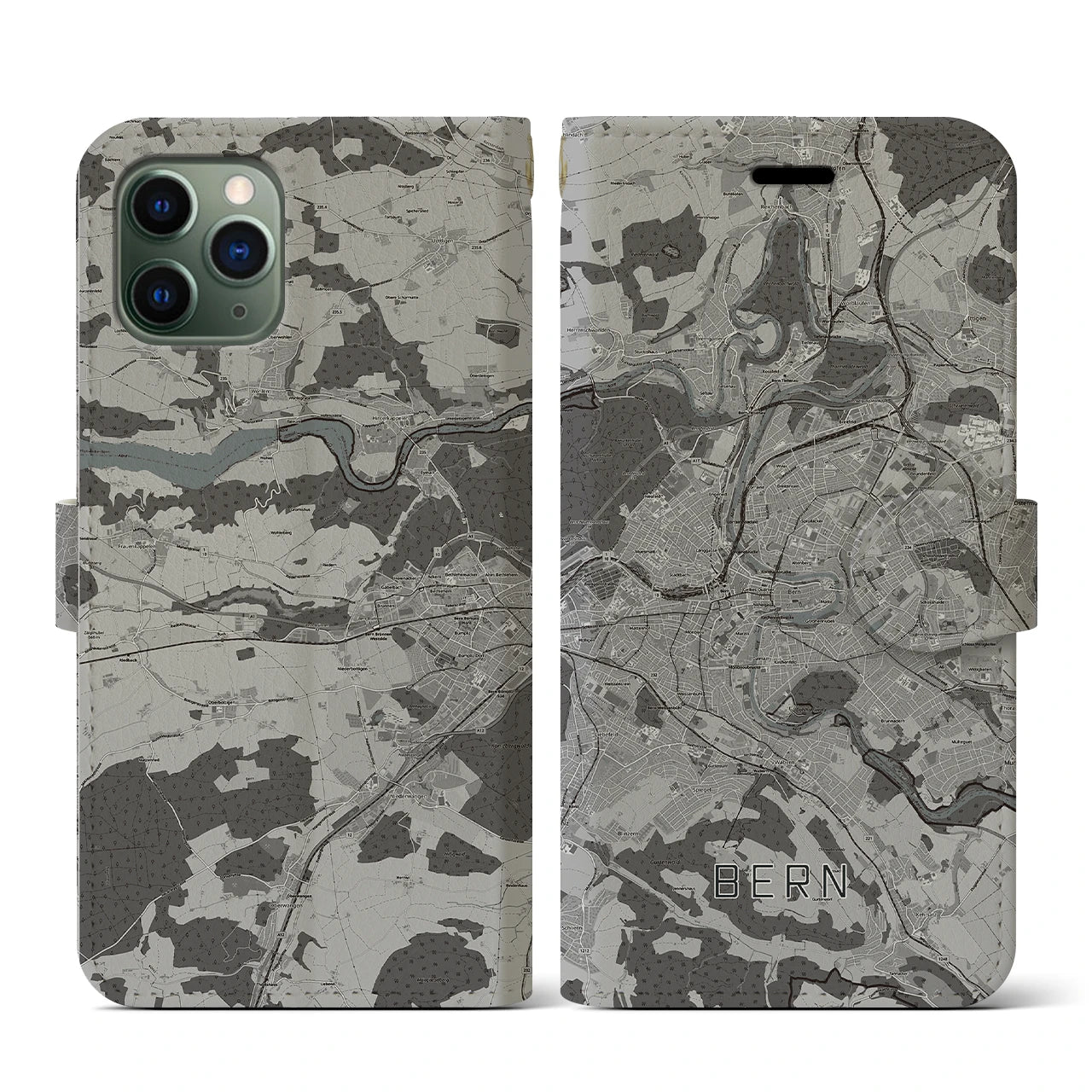 【ベルン(スイス)】地図柄iPhoneケース(手帳タイプ)モノトーン・iPhone 11 Pro 用