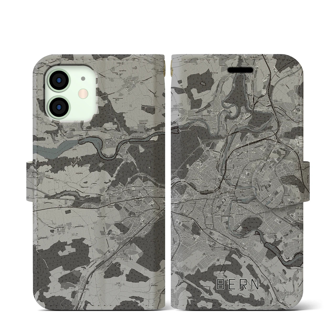 【ベルン(スイス)】地図柄iPhoneケース(手帳タイプ)モノトーン・iPhone 12 mini 用