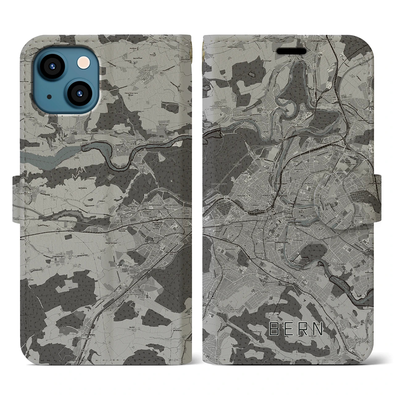 【ベルン(スイス)】地図柄iPhoneケース(手帳タイプ)モノトーン・iPhone 13 用