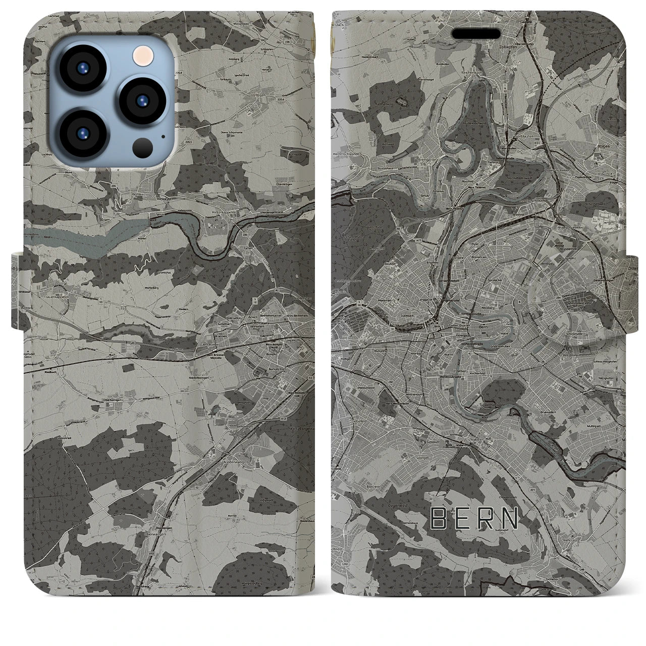 【ベルン(スイス)】地図柄iPhoneケース(手帳タイプ)モノトーン・iPhone 13 Pro Max 用