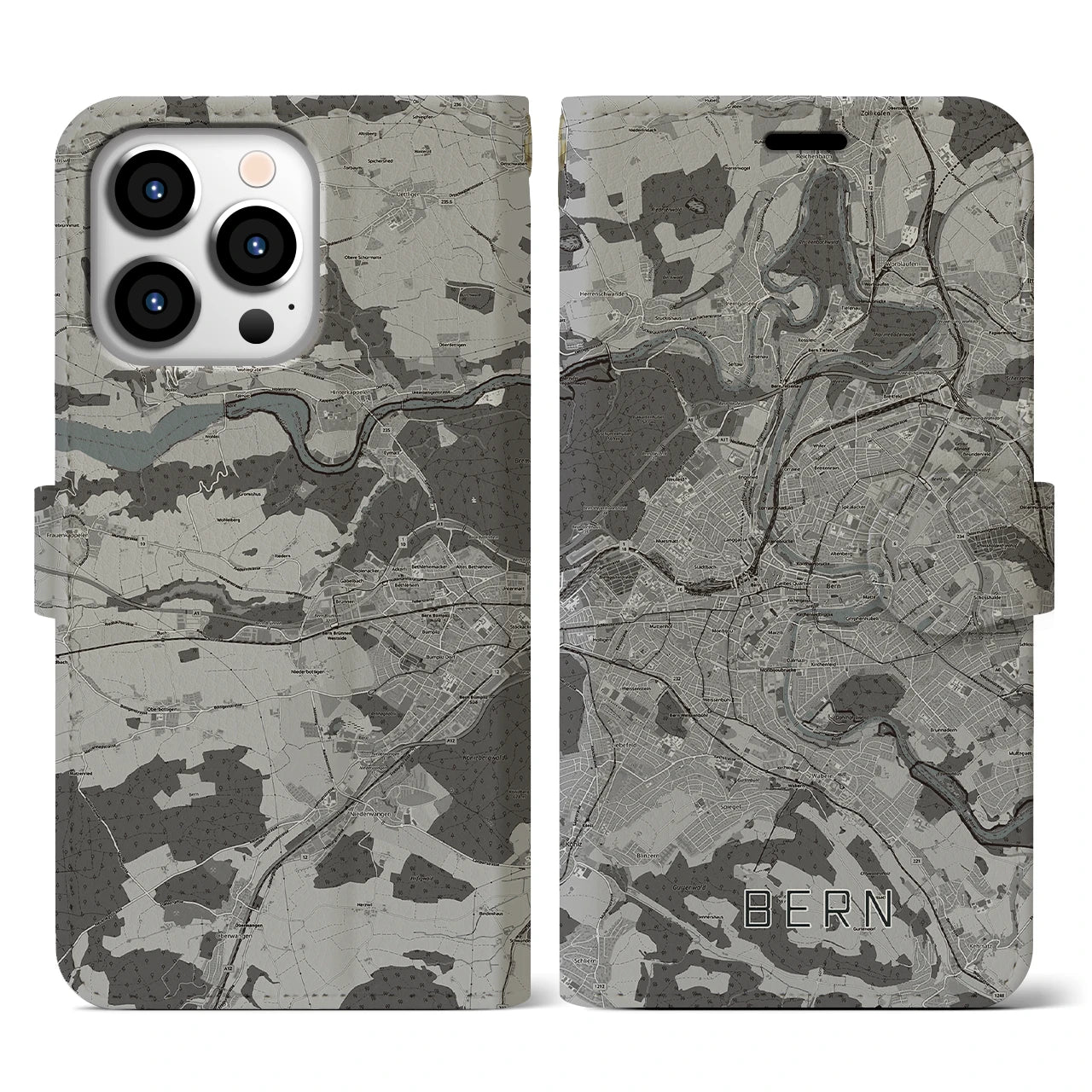 【ベルン(スイス)】地図柄iPhoneケース(手帳タイプ)モノトーン・iPhone 13 Pro 用