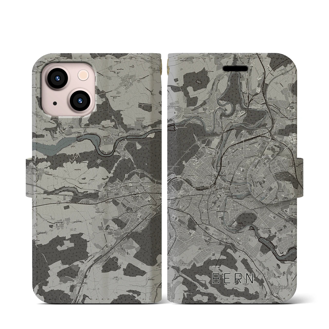 【ベルン(スイス)】地図柄iPhoneケース(手帳タイプ)モノトーン・iPhone 13 mini 用