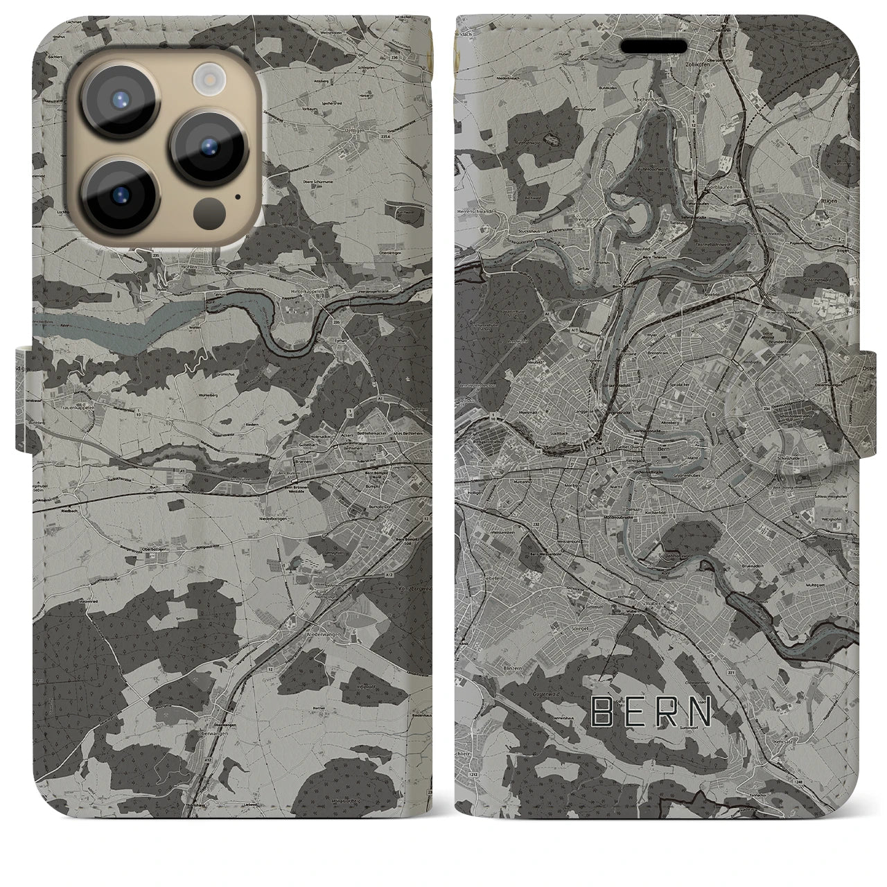 【ベルン(スイス)】地図柄iPhoneケース(手帳タイプ)モノトーン・iPhone 14 Pro Max 用