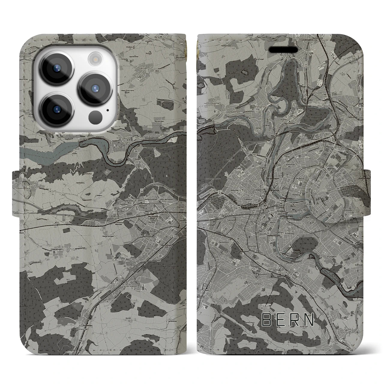 【ベルン(スイス)】地図柄iPhoneケース(手帳タイプ)モノトーン・iPhone 14 Pro 用