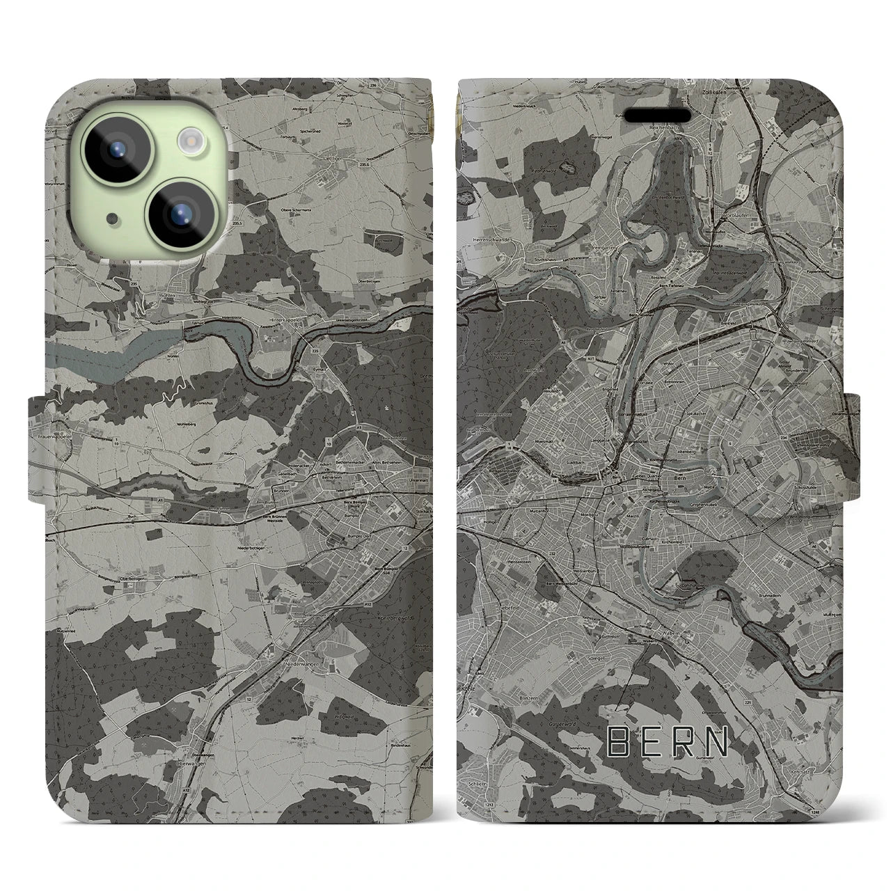【ベルン(スイス)】地図柄iPhoneケース(手帳タイプ)モノトーン・iPhone 15 用