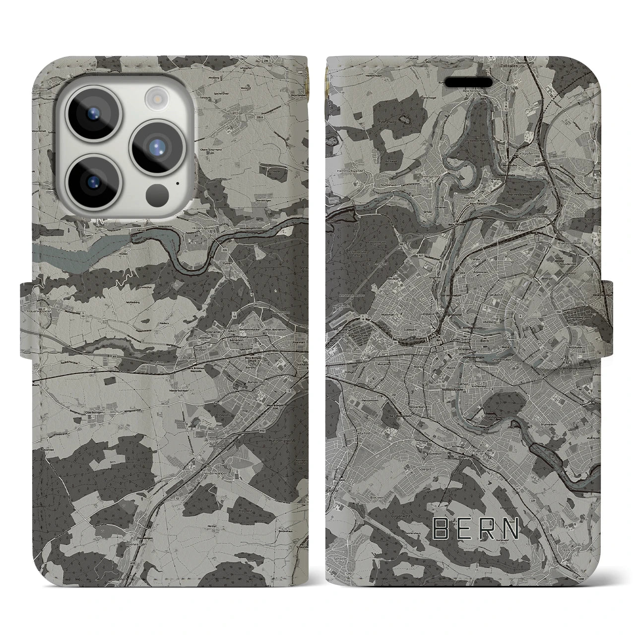【ベルン(スイス)】地図柄iPhoneケース(手帳タイプ)モノトーン・iPhone 15 Pro 用
