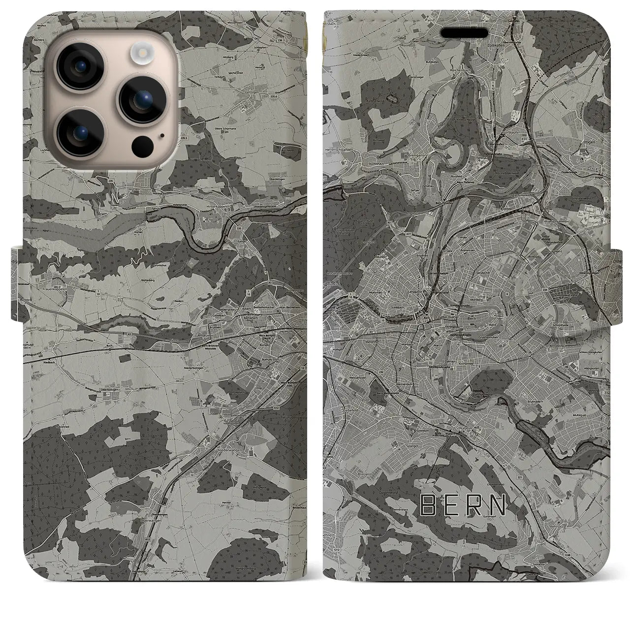 【ベルン(スイス)】地図柄iPhoneケース(手帳タイプ)モノトーン・iPhone 16 Plus 用
