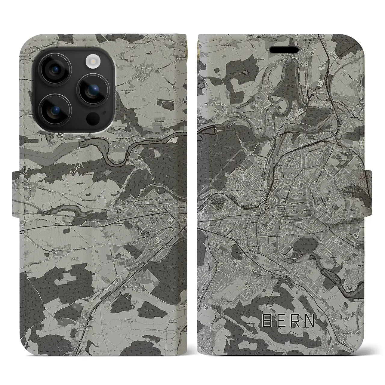 【ベルン(スイス)】地図柄iPhoneケース(手帳タイプ)モノトーン・iPhone 16 用
