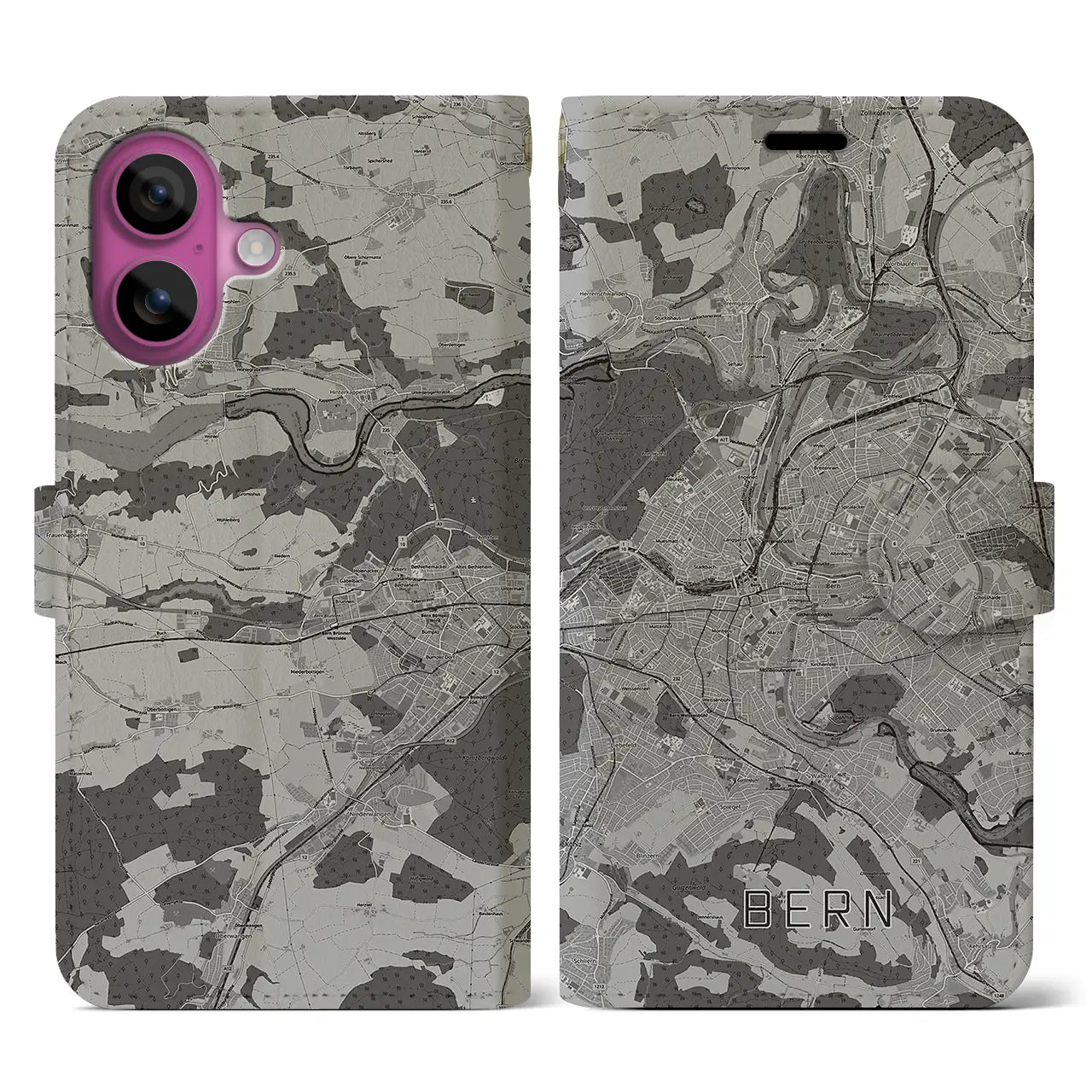 【ベルン(スイス)】地図柄iPhoneケース(手帳タイプ)モノトーン・iPhone 16 Pro 用