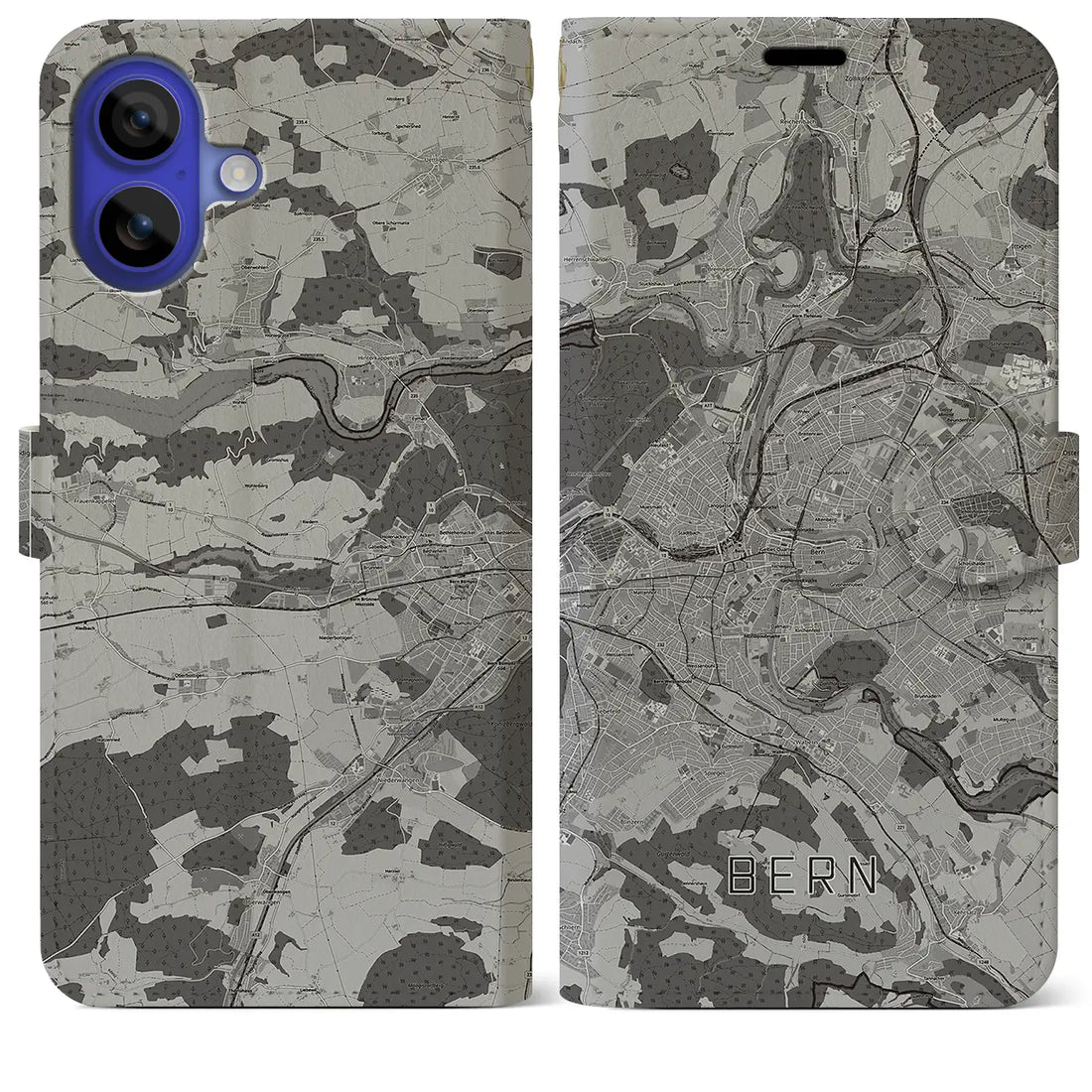 【ベルン(スイス)】地図柄iPhoneケース(手帳タイプ)モノトーン・iPhone 16 Pro Max 用