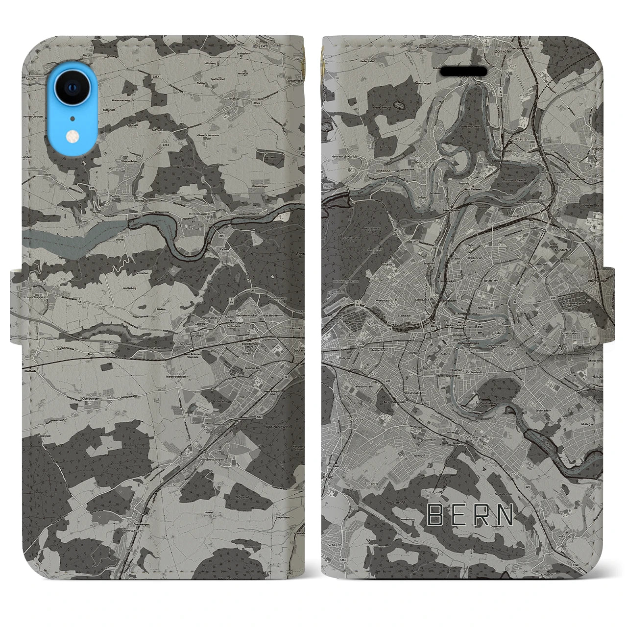 【ベルン(スイス)】地図柄iPhoneケース(手帳タイプ)モノトーン・iPhone XR 用