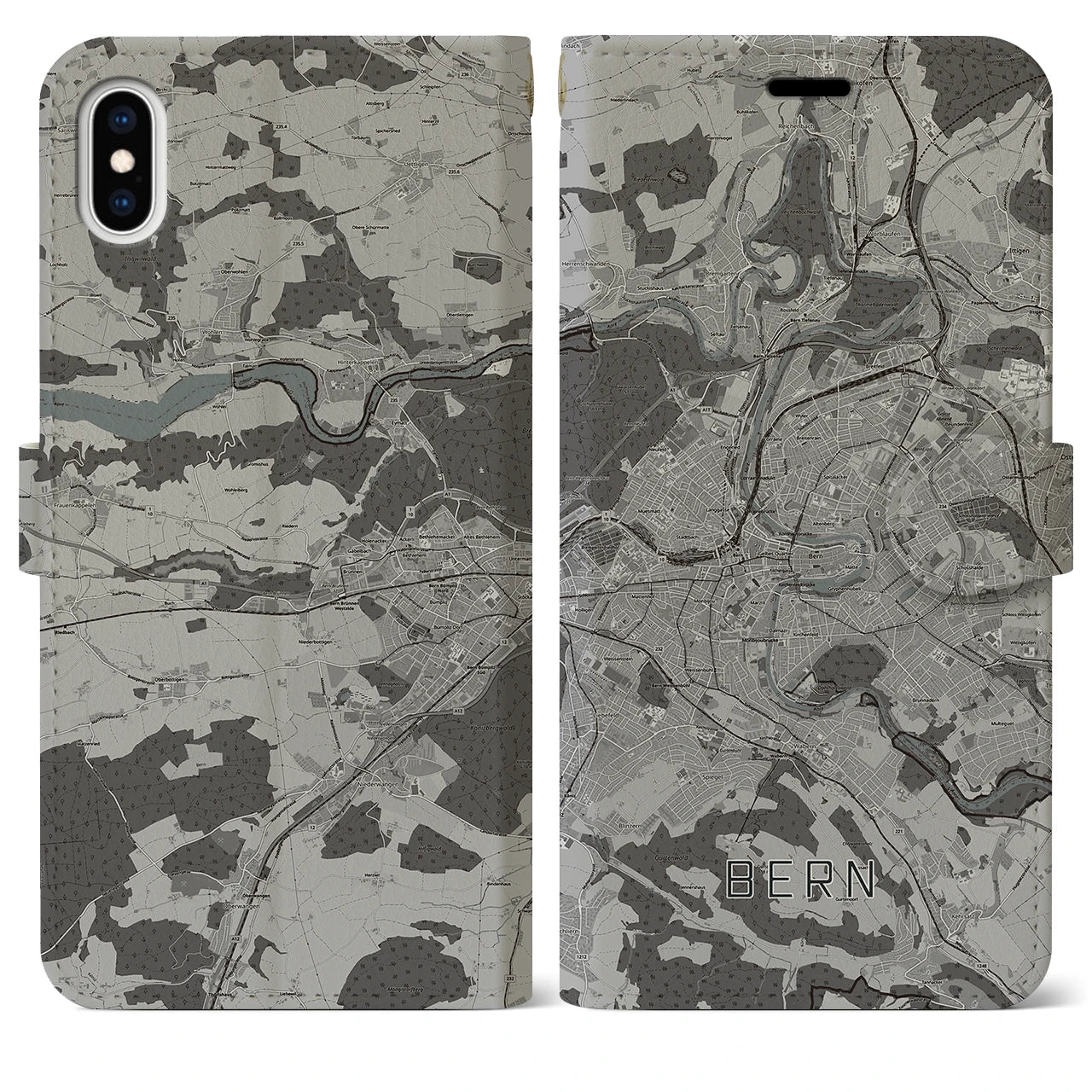 【ベルン(スイス)】地図柄iPhoneケース(手帳タイプ)モノトーン・iPhone XS Max 用