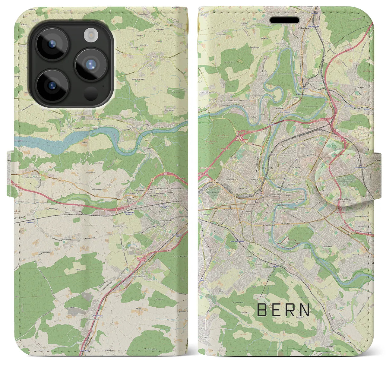 【ベルン(スイス)】地図柄iPhoneケース(手帳タイプ)ナチュラル・iPhone 15 Pro Max 用