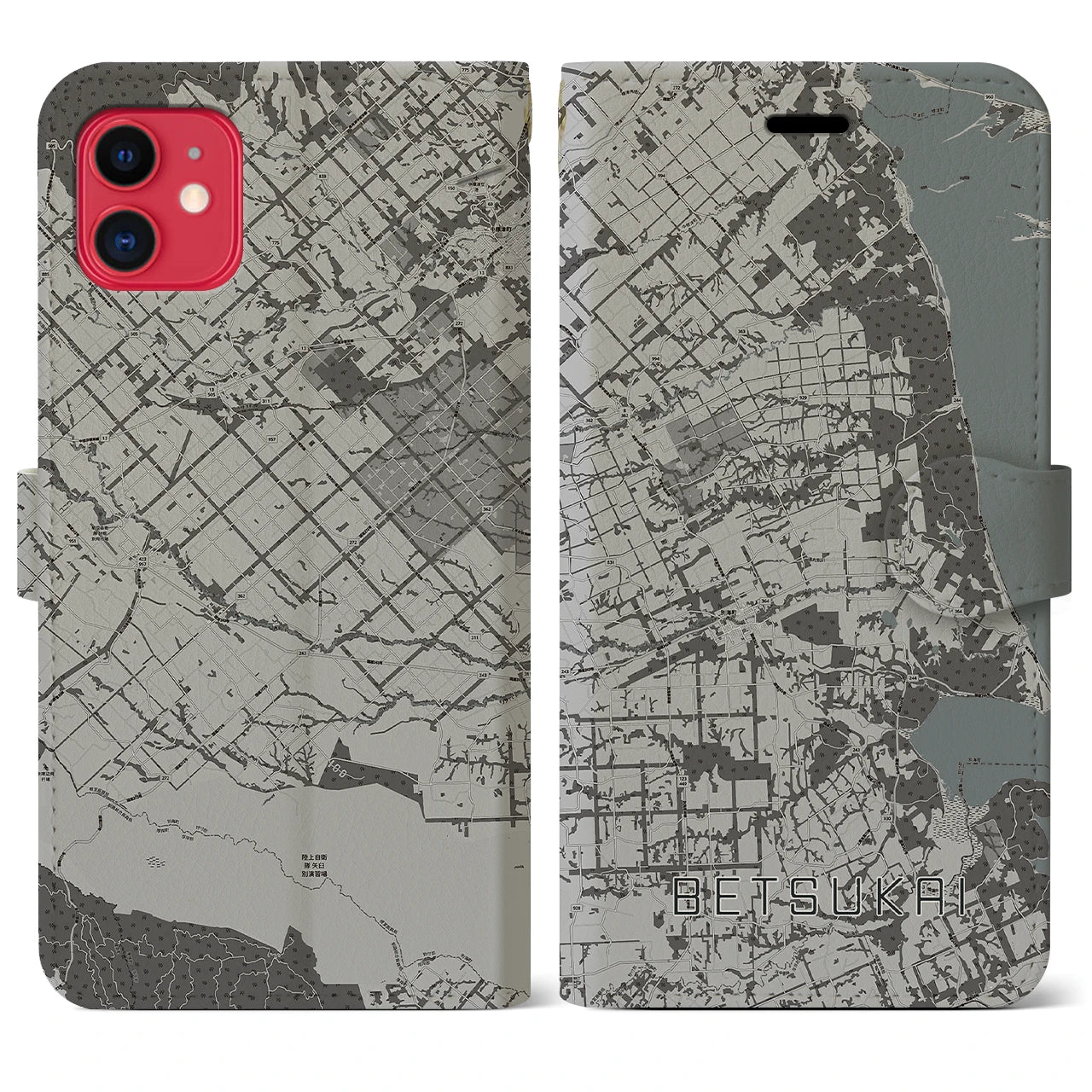 【別海(北海道)】地図柄iPhoneケース(手帳タイプ)モノトーン・iPhone 11 用
