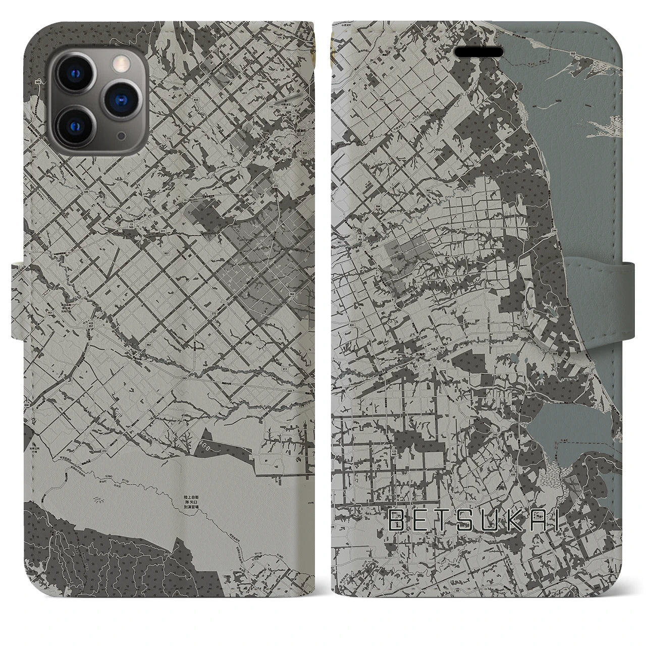 【別海(北海道)】地図柄iPhoneケース(手帳タイプ)モノトーン・iPhone 11 Pro Max 用