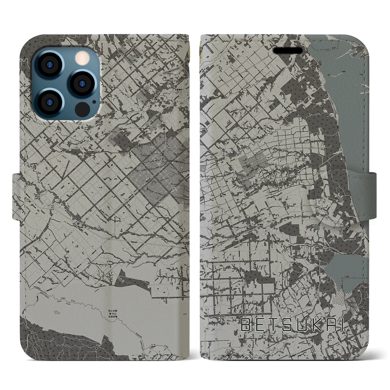 【別海(北海道)】地図柄iPhoneケース(手帳タイプ)モノトーン・iPhone 12 / 12 Pro 用