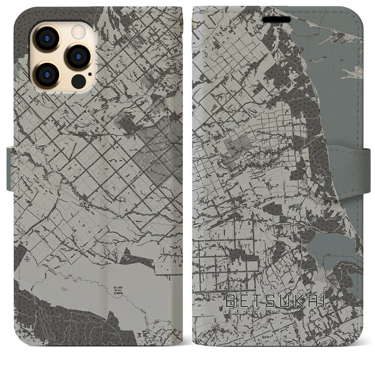 【別海(北海道)】地図柄iPhoneケース(手帳タイプ)モノトーン・iPhone 12 Pro Max 用