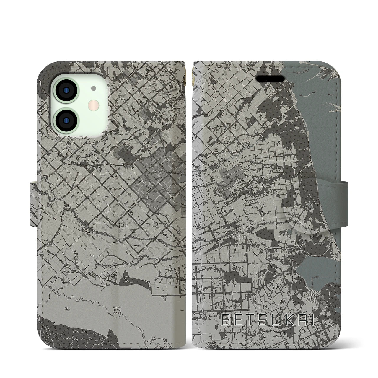 【別海(北海道)】地図柄iPhoneケース(手帳タイプ)モノトーン・iPhone 12 mini 用
