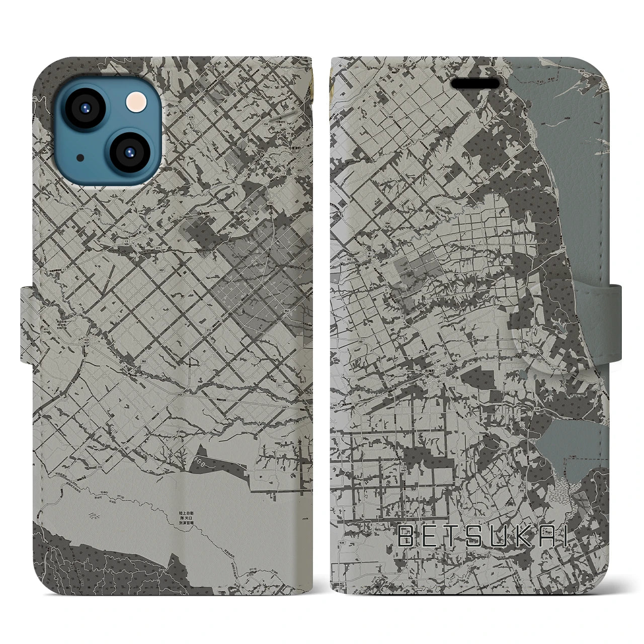 【別海(北海道)】地図柄iPhoneケース(手帳タイプ)モノトーン・iPhone 13 用