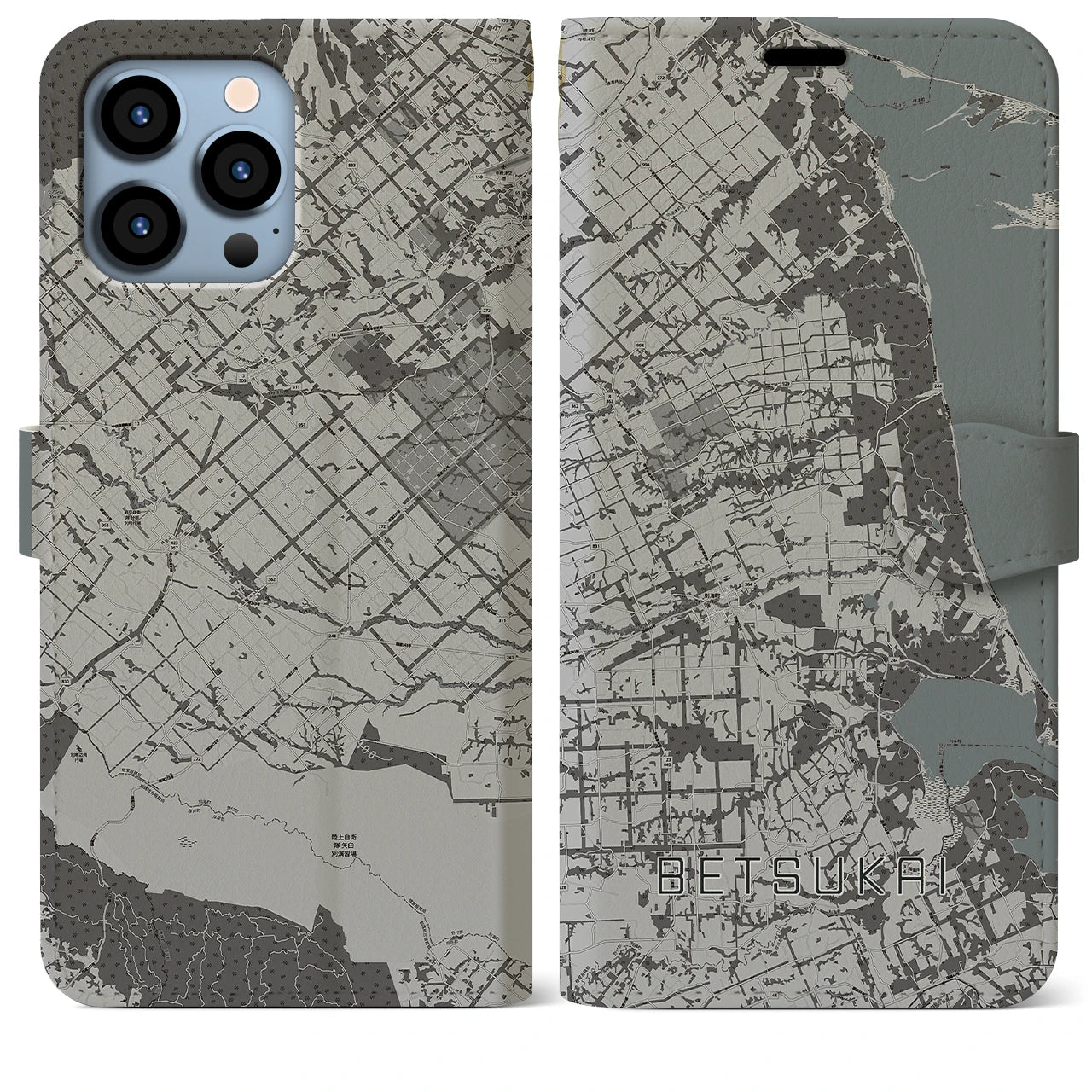 【別海(北海道)】地図柄iPhoneケース(手帳タイプ)モノトーン・iPhone 13 Pro Max 用