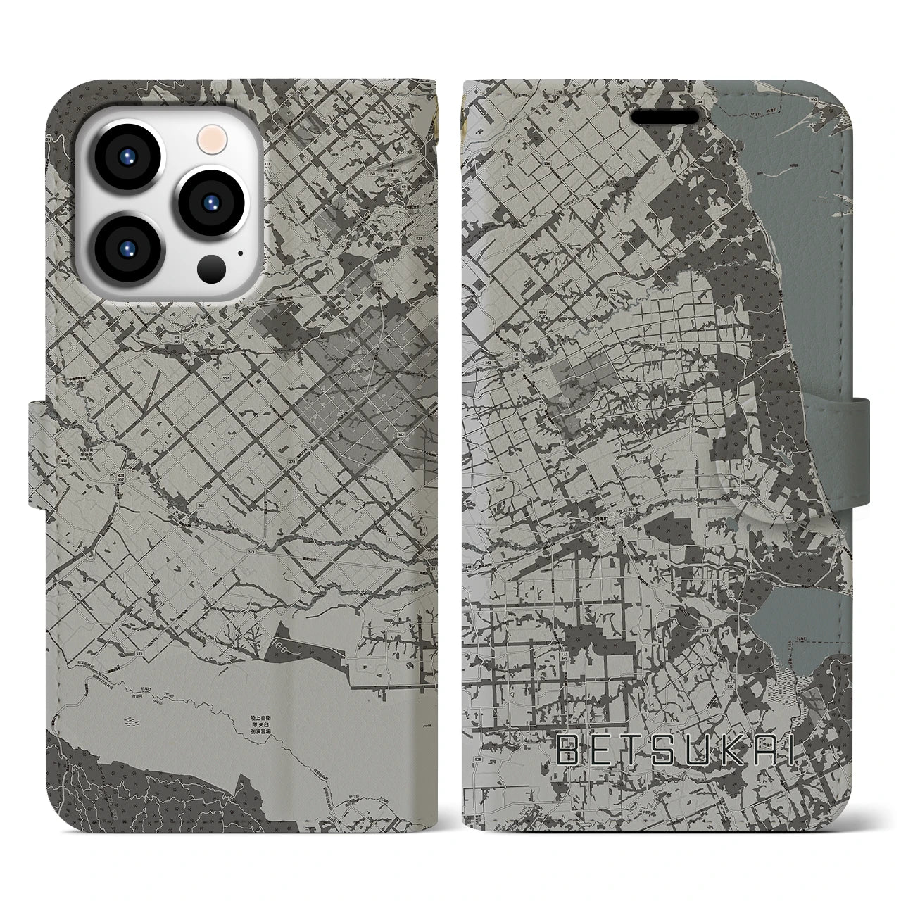 【別海(北海道)】地図柄iPhoneケース(手帳タイプ)モノトーン・iPhone 13 Pro 用