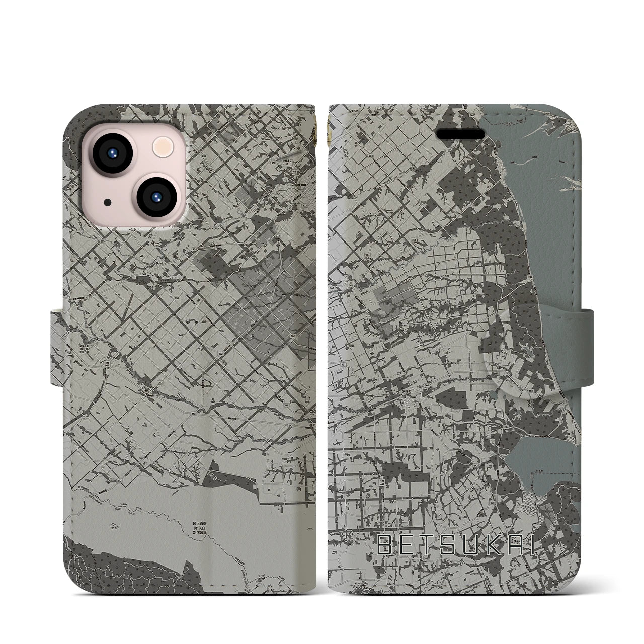 【別海(北海道)】地図柄iPhoneケース(手帳タイプ)モノトーン・iPhone 13 mini 用