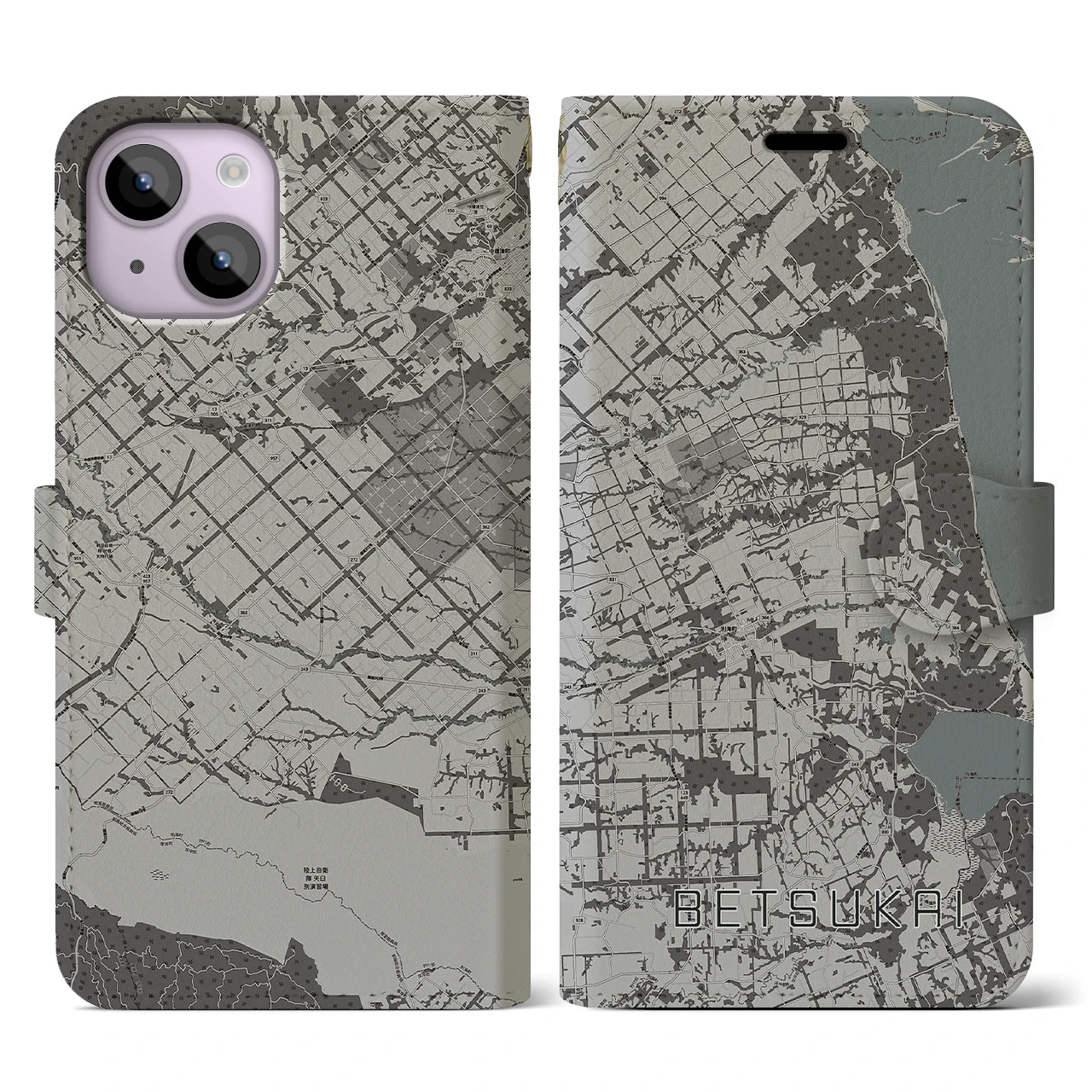 【別海(北海道)】地図柄iPhoneケース(手帳タイプ)モノトーン・iPhone 14 用