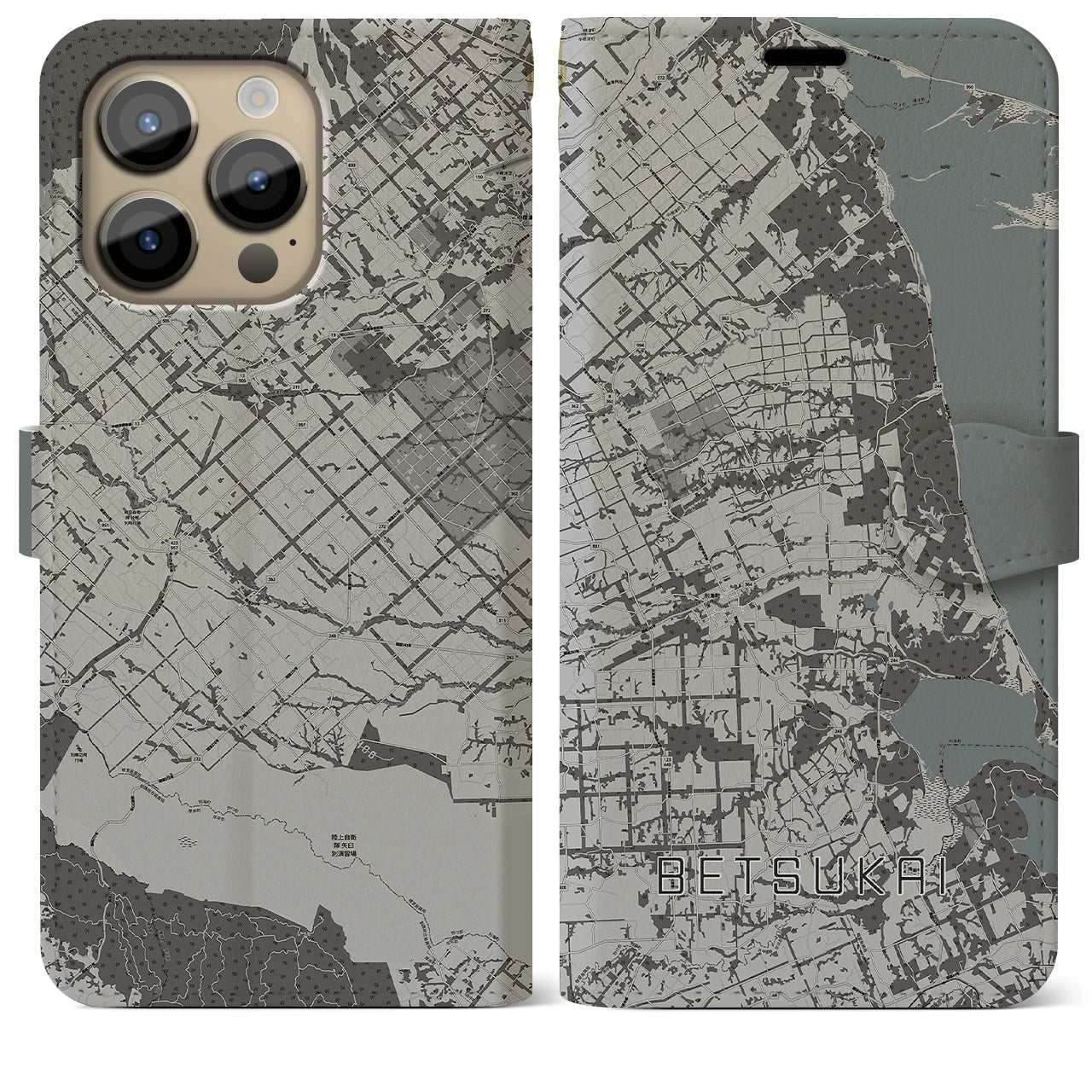 【別海(北海道)】地図柄iPhoneケース(手帳タイプ)モノトーン・iPhone 14 Pro Max 用