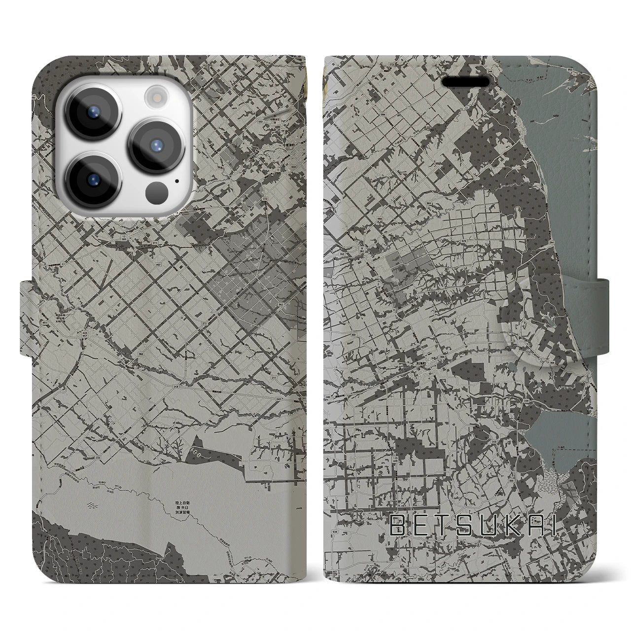 【別海(北海道)】地図柄iPhoneケース(手帳タイプ)モノトーン・iPhone 14 Pro 用