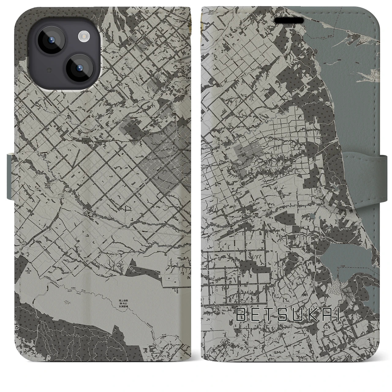 【別海(北海道)】地図柄iPhoneケース(手帳タイプ)モノトーン・iPhone 14 Plus 用