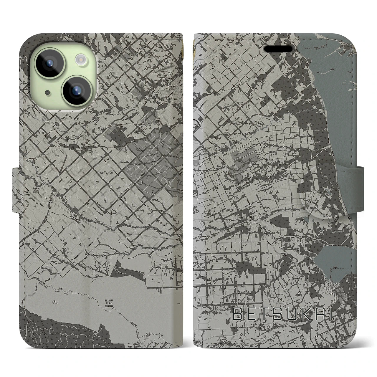 【別海(北海道)】地図柄iPhoneケース(手帳タイプ)モノトーン・iPhone 15 用
