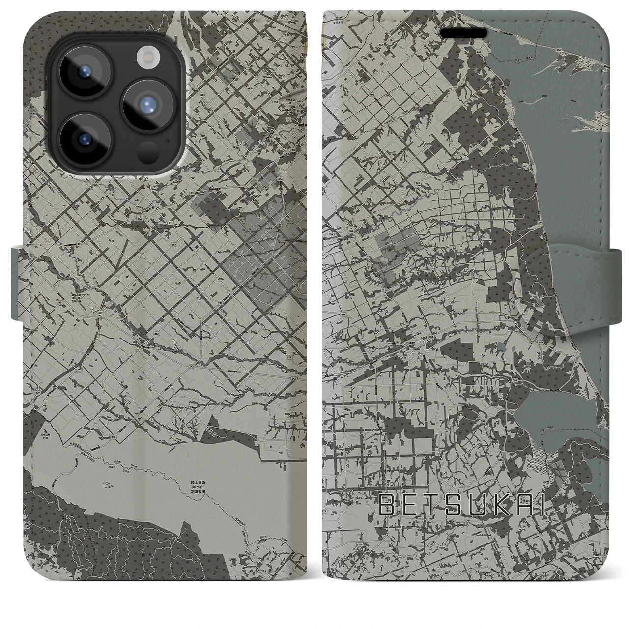 【別海(北海道)】地図柄iPhoneケース(手帳タイプ)モノトーン・iPhone 15 Pro Max 用